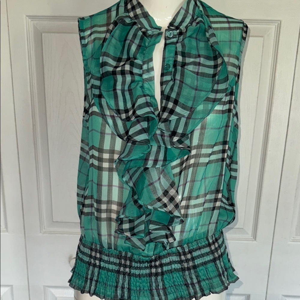 Romeo & Juliet couture Chic Teal Plaid Ruffle Blouse